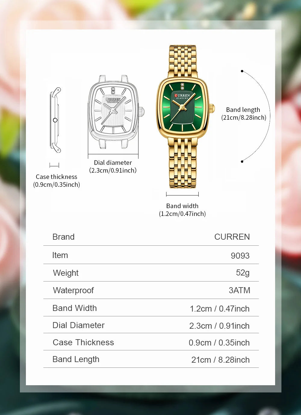 CURREN 9093 Fashion Quartz Women Watch Elegant Square Dial Gold Stainless Steel Strap Waterproof Leisure Ladies Business Watches