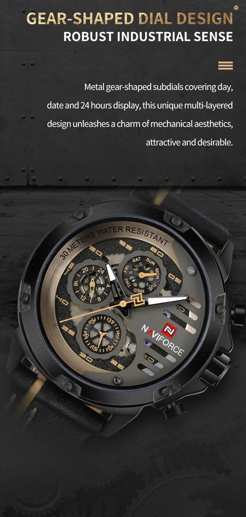 NAVIFORCE Men's Sports 24H Display Date Calendar Waterproof Watch Luminous Genuine Leather Strap Quartz Wristwatch Reloj Hombre