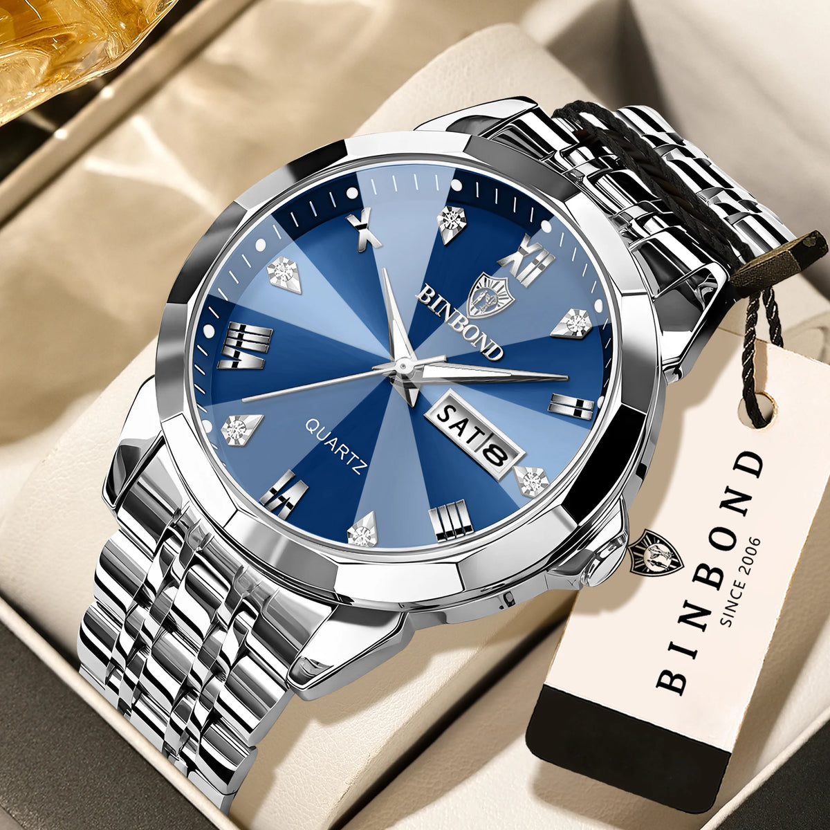 BINBOND Quartz Wristwatches For Men Luminous Waterproof Men's Watch Stainless Steel Original Reloj Para Hombre Todo +Box