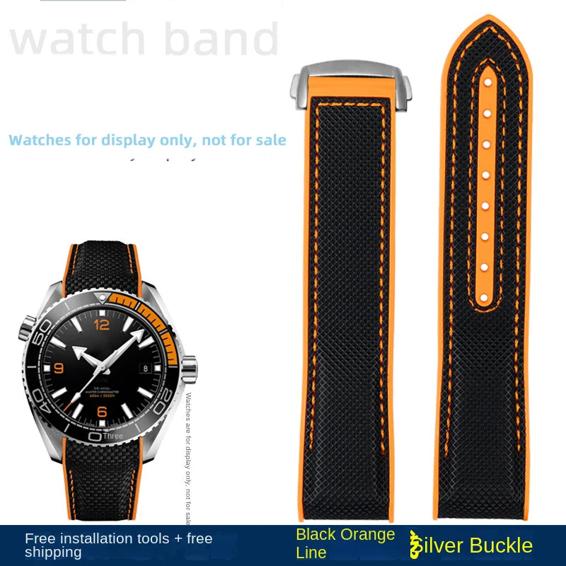 For Omega Planet Ocean 600 nylon strap 22mm AT150/007 quarter orange Seamaster 300 rubber strap curved waterproof men's bracelet