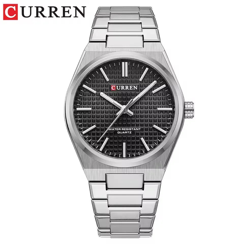 CURREN 8439 Men's Business Quartz Watch Minimalist Grid-Pattern Stainless Steel Strap Wristwatch with  Calendar Function