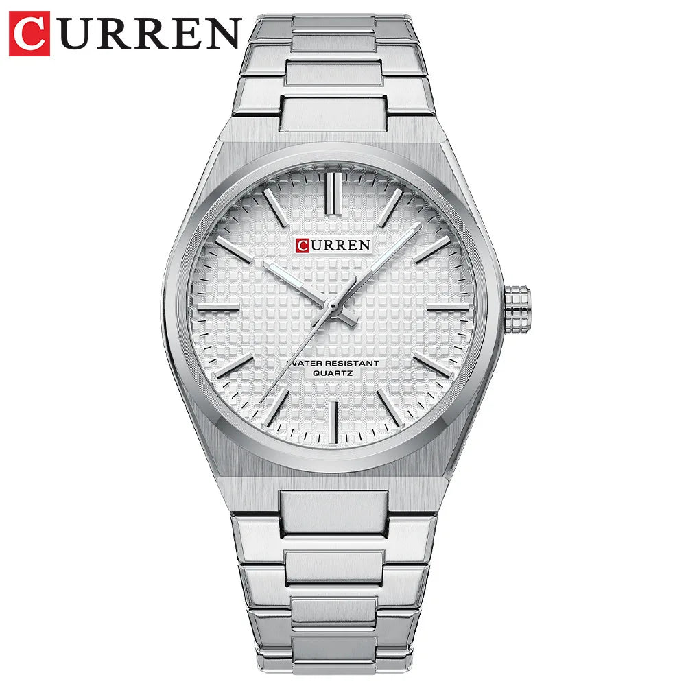 CURREN 8439 Men's Business Quartz Watch Minimalist Grid-Pattern Stainless Steel Strap Wristwatch with  Calendar Function