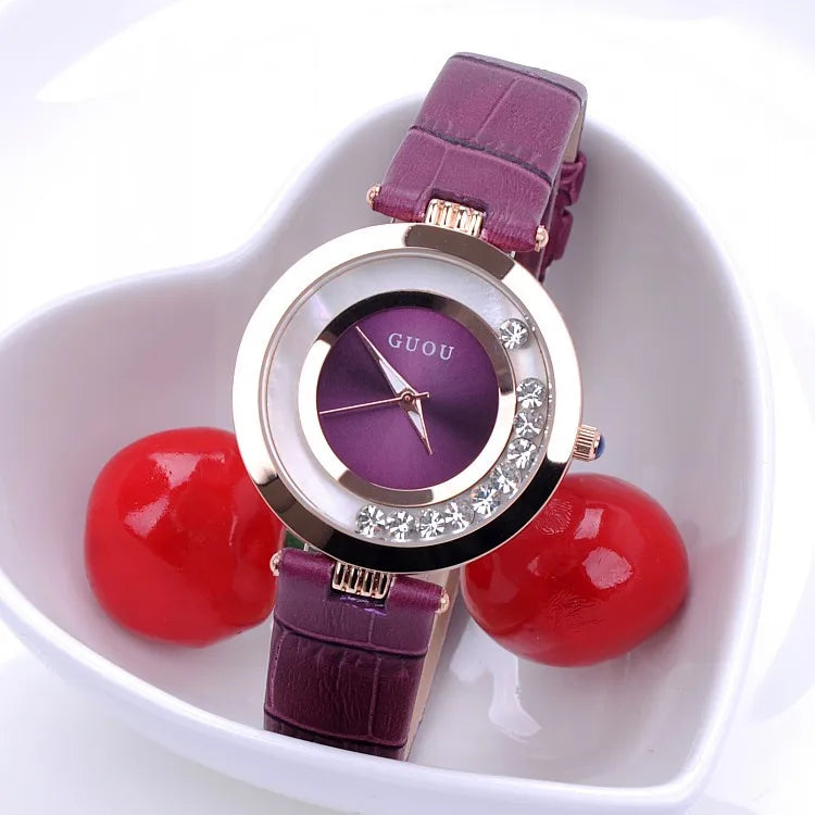 Fashion GUOU Brand Women Rolling Drill Dress Watches Luxury Quicksand Casual Clock Genuine Leather Rhinestone Lady Wrist Watches