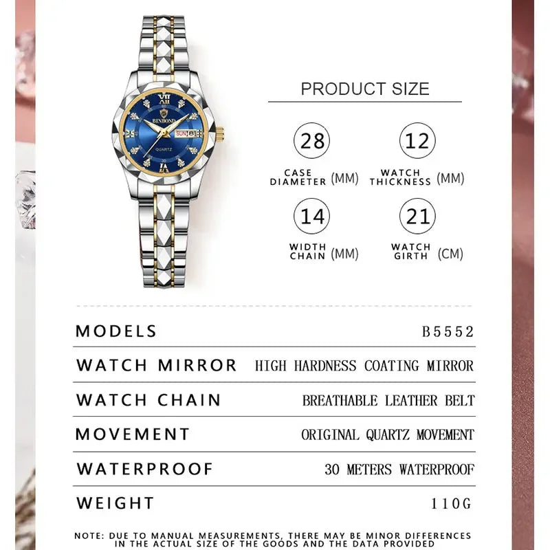 BINBOND B2521 Top Brand Luxury Fashion Business Womens Quartz Watches 30M Waterproof Week Date Clock Sport Womens Wristwatch