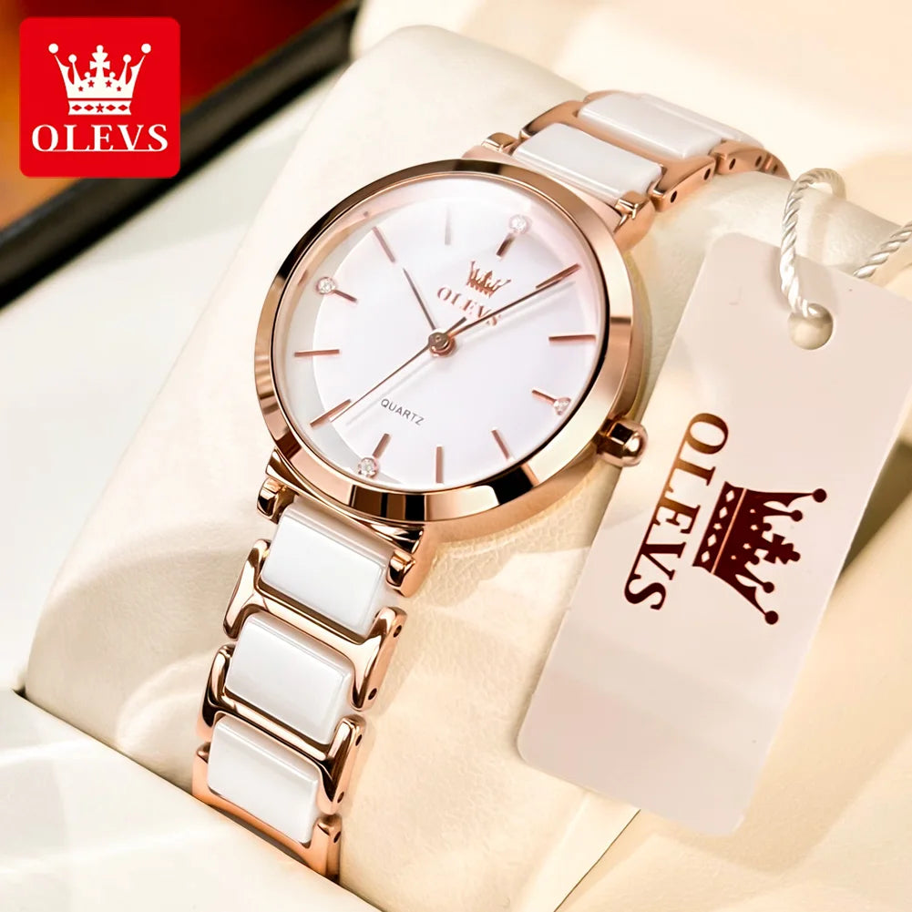 OLEVS Fashion Women Watches Relogio Feminino Luxury Rose Gold Watches Ladies Quartz Wrist Watch Ceramic Strap Clock Reloj Mujer