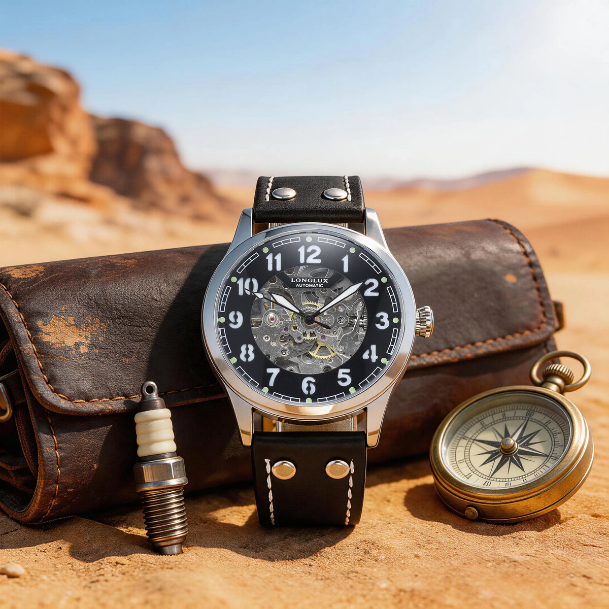 LONGLUX Men Automatic Watch Vintage Pilot Tough Guy Mechanical Watches Skeleton Waterproof Luminous Leather Gift