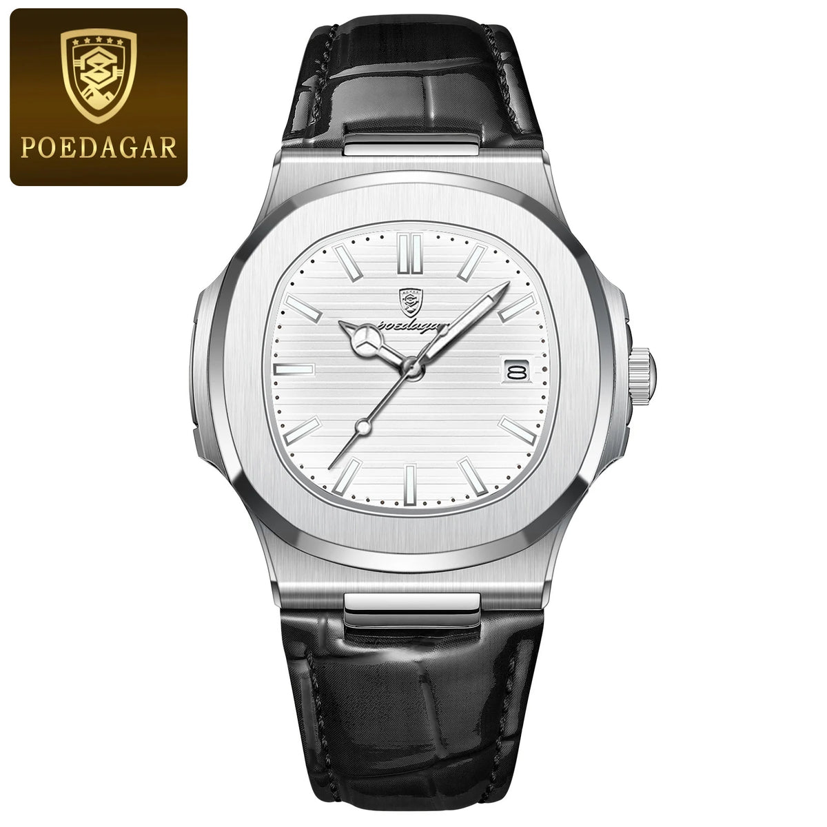 POEDAGAR Luxury Man Wristwatch Business Stainless Steel Quartz Men Watch Waterproof Luminous Date Square Men's Watches Clock+Box