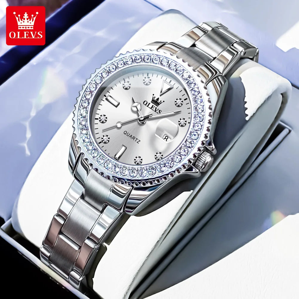 OLEVS 9945 Women's Watches Elegant Purple Full Diamond Dial Solid Stainless Steel Auto Date Waterproof Quartz Watch for Women