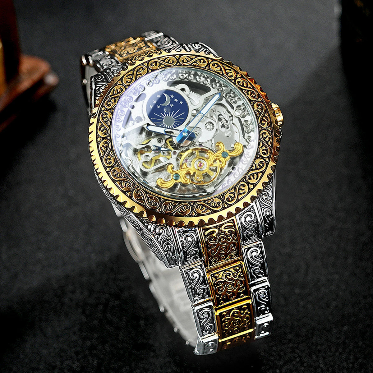 Forsining Luxury Gold Skeleton Mechanical Watches Moon Phase Retro Engraved Luminous Tourbillon Automatic Mens Watch Steel Strap