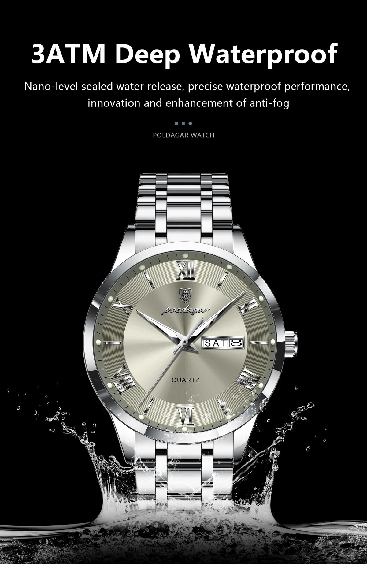 POEDAGAR Business Sports Man Wristwatch Waterproof Luminous Week Date Fashion Men's Clock Stainless Steel Quartz Watches For Men