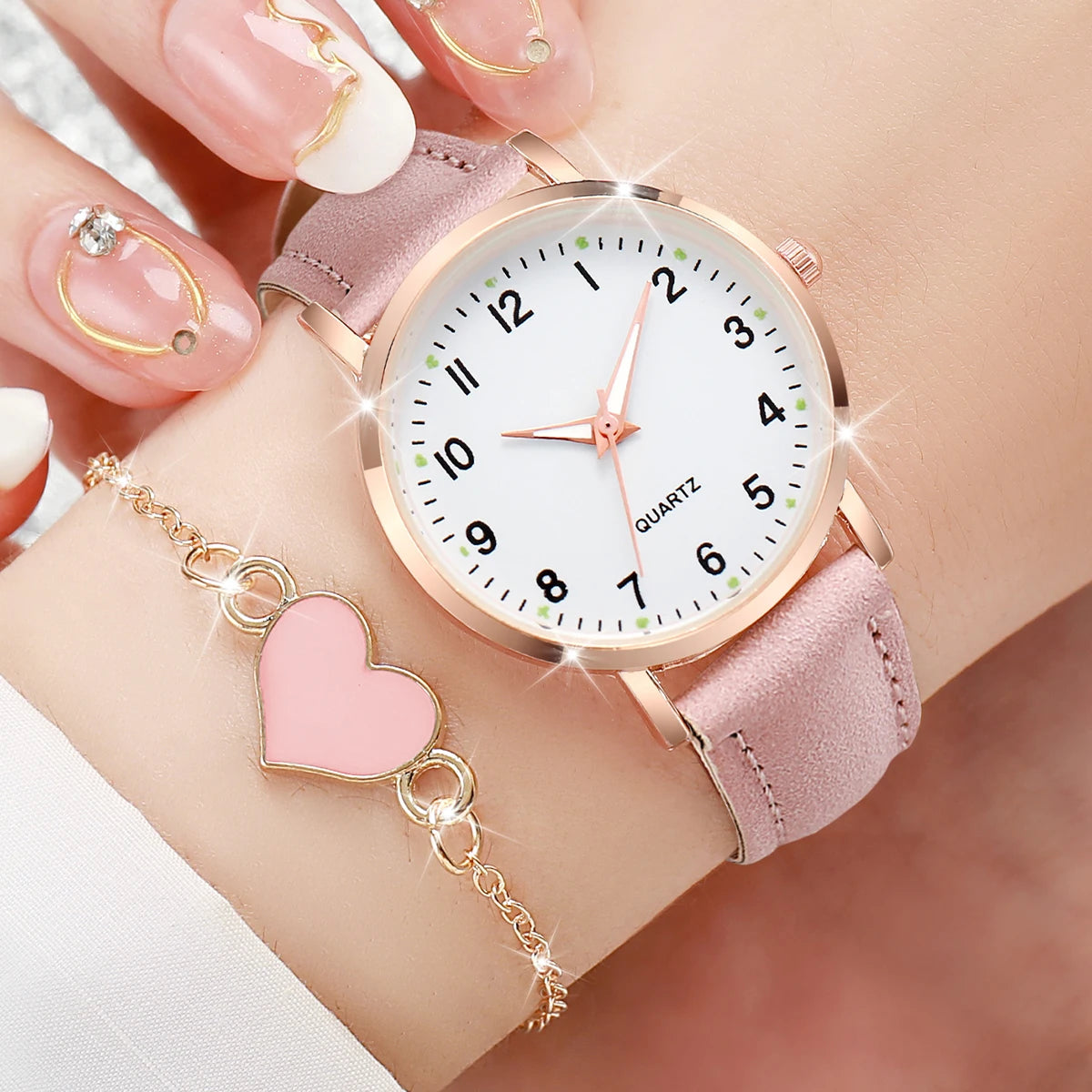 4/6PCS Fashion Arabic Dial Women Watches Ladies Leather Strap Quartz Wristwatch Heart Bracelets Set Reloj Mujer(Without Box)