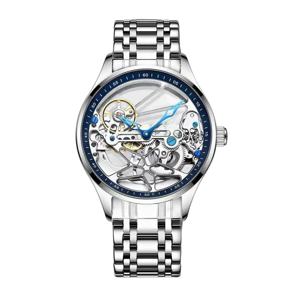 High-End Men's Mechanical Watch, Hollow Design, Round Dial, Fashionable Business Casual Waterproof Double-Sided Hollow Fully Automatic Mechanical Watch for Men, the First Choice for Valentine's Day Gifts