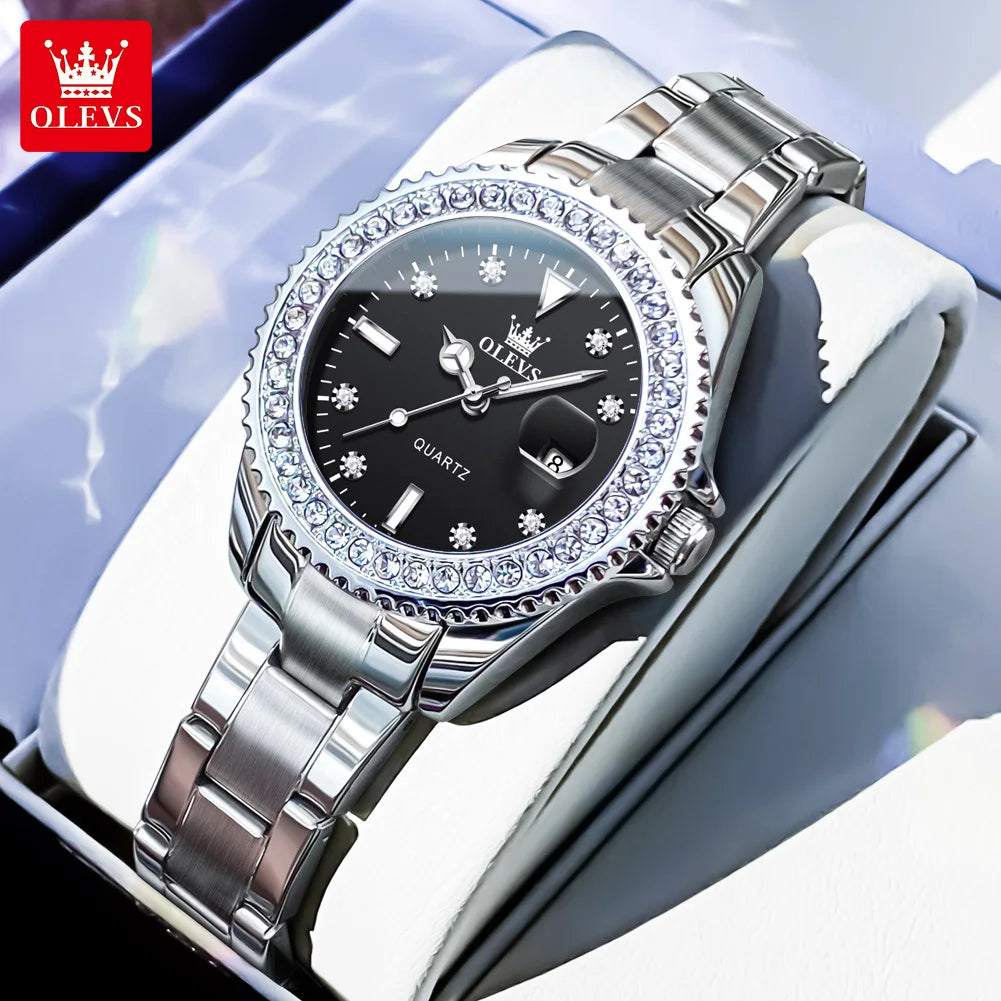 OLEVS 9945 Women's Watches Elegant Purple Full Diamond Dial Solid Stainless Steel Auto Date Waterproof Quartz Watch for Women
