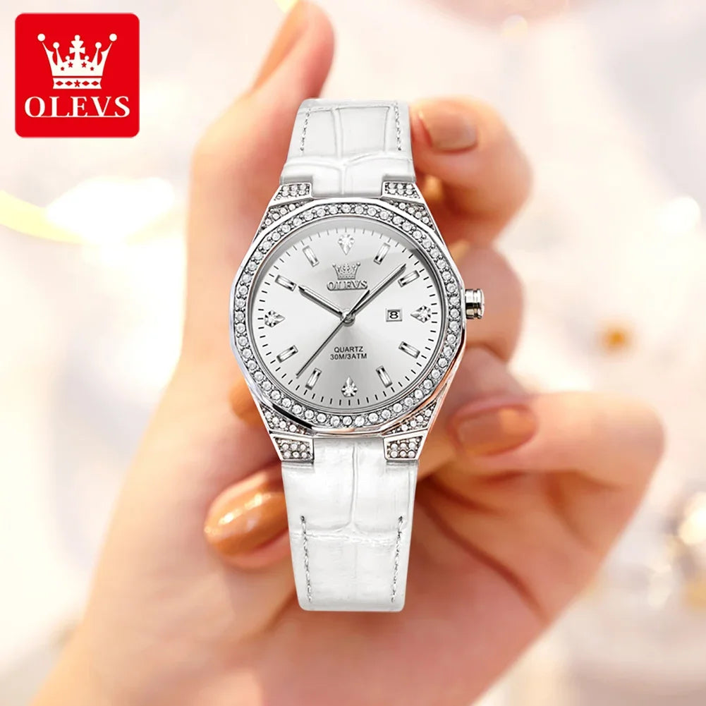 OLEVS Original Women's Watches Diamond Lap Fashion Leather Strap Waterproof Luminous Ladies Wristwatch Quartz Watch for Ladies'