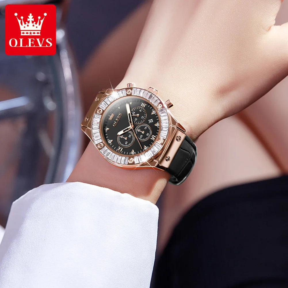OLEVS Analog Quartz Watch for Women Leather Strap Waterproof Luxury Elegant Ladies' Watches Business Luxury Ladies Wristwatch