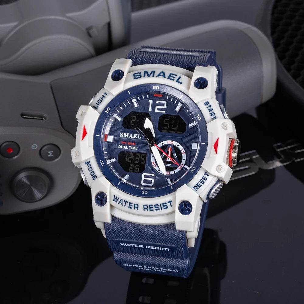 SMAEL Sport Watch Military Wristwatch for Men Alarm Stopwatch LED Digital Back Light Dual Time Display Waterproof Watch Men 8007