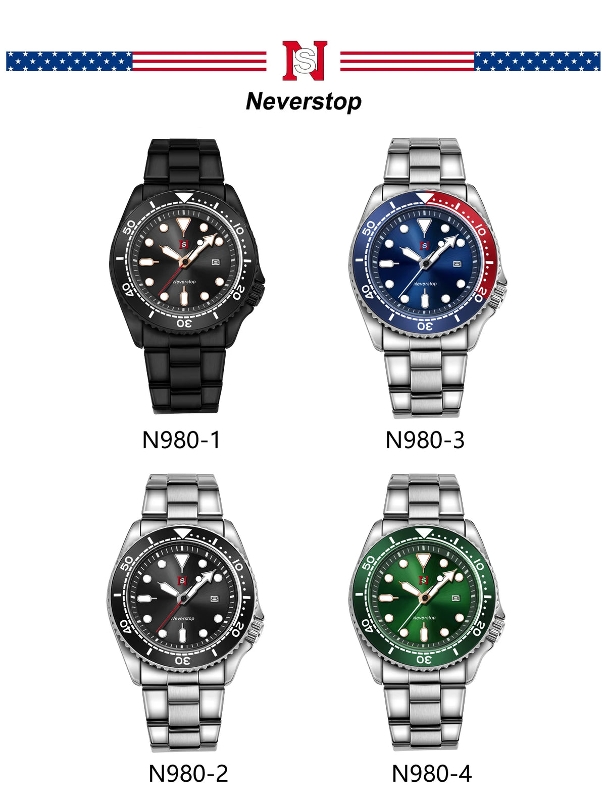 NS Mens Sports Watch | Multi-Color High-Contrast Dial and Markers Ceramic Bezel Stainless Steel Band Versatile Style