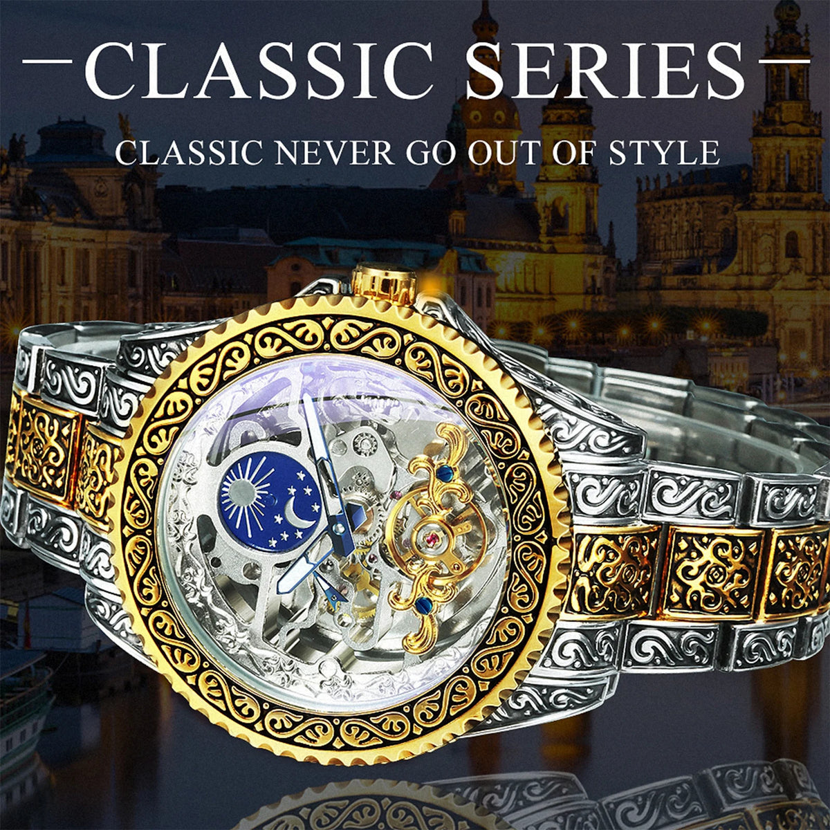 Forsining Luxury Gold Skeleton Mechanical Watches Moon Phase Retro Engraved Luminous Tourbillon Automatic Mens Watch Steel Strap