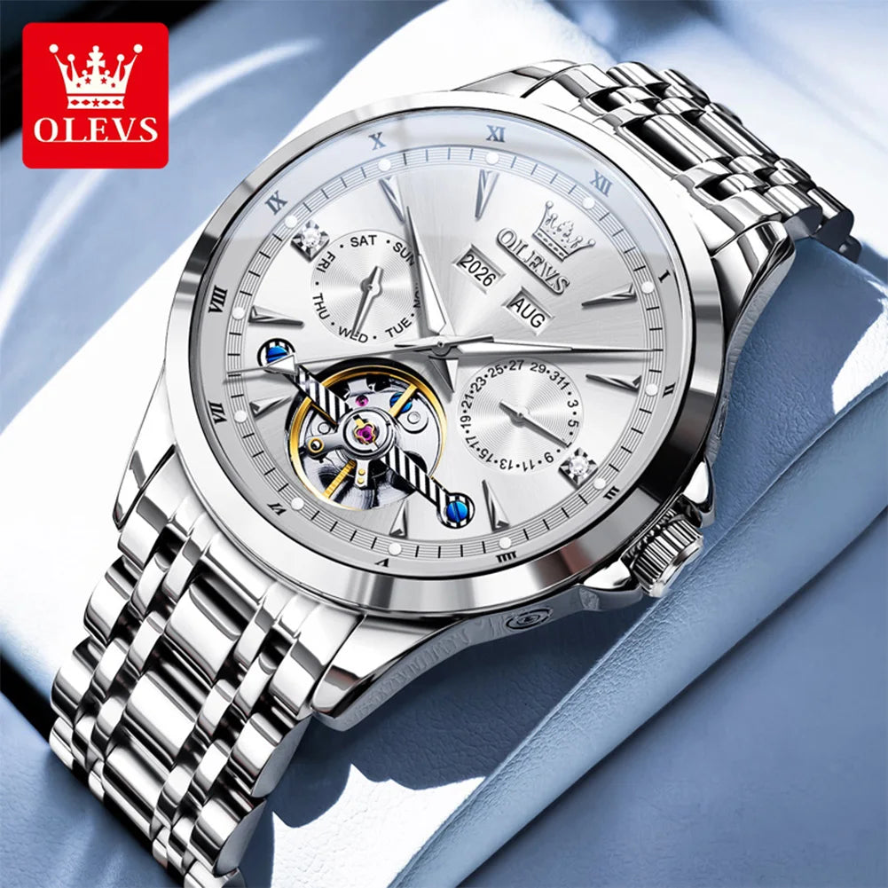 OLEVS 7091 Automatic Men's Watches Skeleton Flywheel Dual Calendar Stainless Steel Waterproof Luminous Mechanical Watch For Man