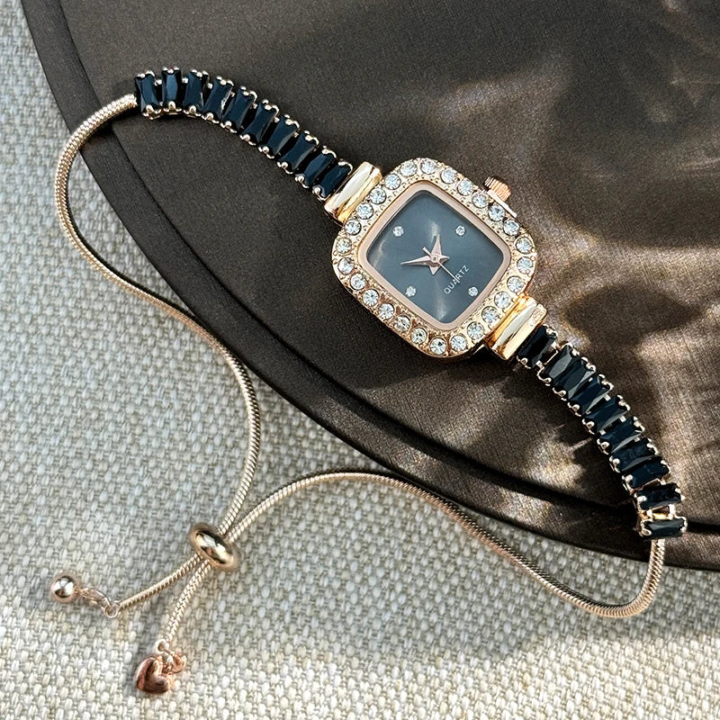 Women's Inlaid Zircon Flexible Pull out Bracelet with Diamond Square Alloy Case Rhinestone Scale Simple Dial Quartz Watch