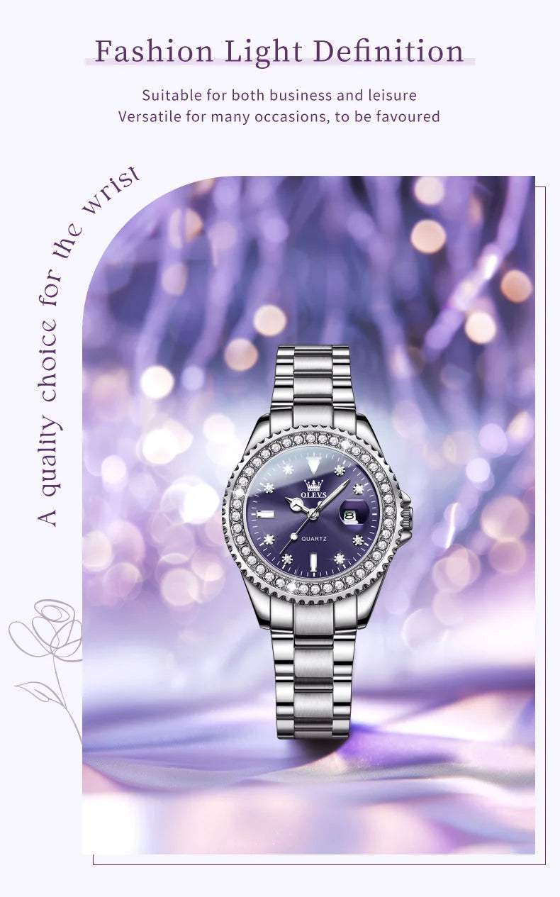 OLEVS 9945 Women's Watches Elegant Purple Full Diamond Dial Solid Stainless Steel Auto Date Waterproof Quartz Watch for Women