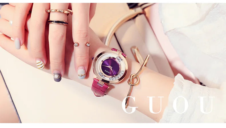 Fashion GUOU Brand Women Rolling Drill Dress Watches Luxury Quicksand Casual Clock Genuine Leather Rhinestone Lady Wrist Watches