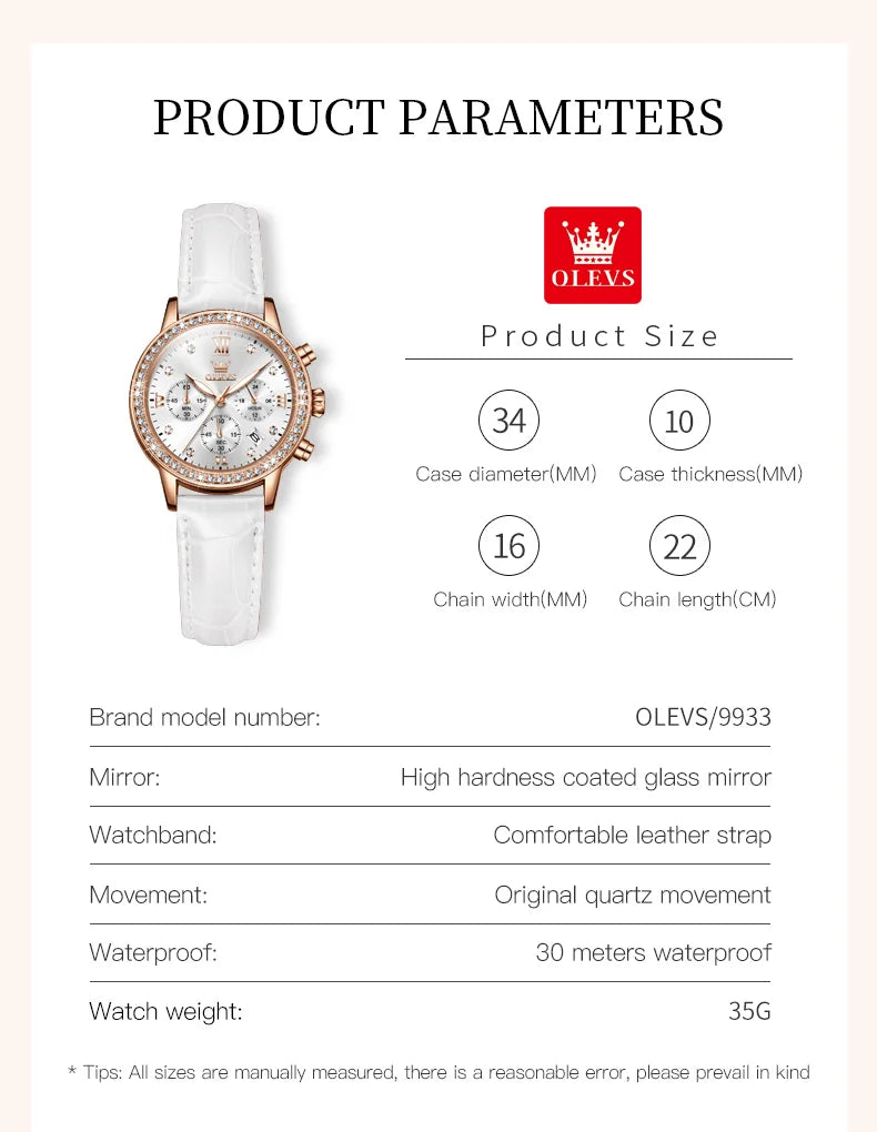 OLEVS 9933 Women' Watches Luxury Brand Diamond Quartz Wristwatch Waterproof Luminous   Leather Strap Multifunction Ladies Watch