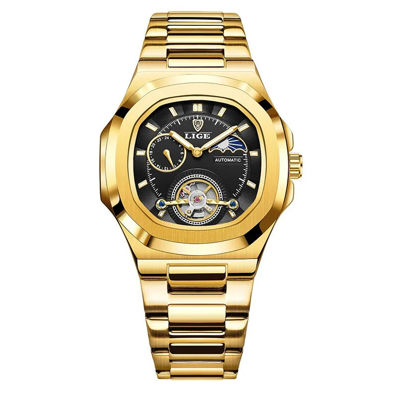 LIGE Mens Mechanical Watches Top Brand Luxury Square Automatic Watch For Men Waterproof Stainless Steel Clock Gift Montre Homme