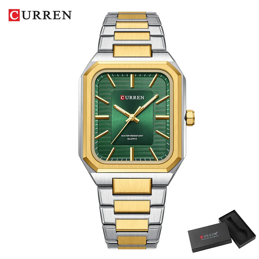 CURREN NEW Stainless Steel Strap Vintage Rectangle Dial Quartz Watches for Men Luminous Hands Waterproof