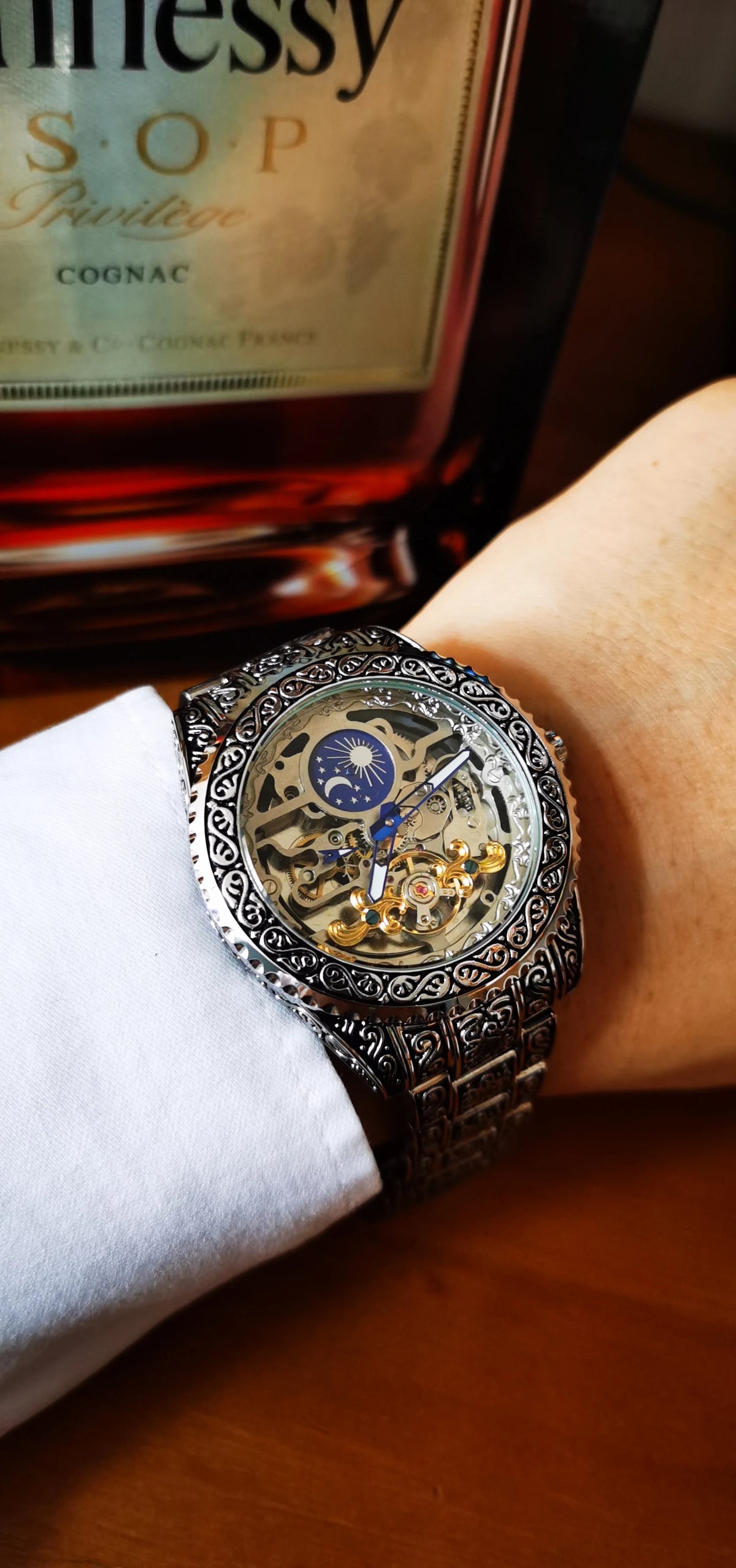Forsining Luxury Gold Skeleton Mechanical Watches Moon Phase Retro Engraved Luminous Tourbillon Automatic Mens Watch Steel Strap