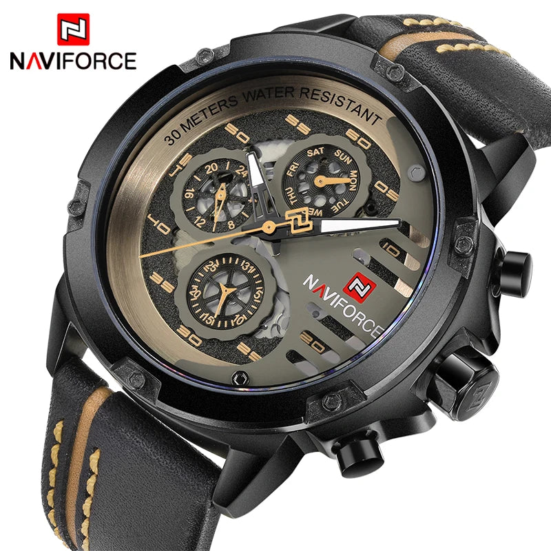 NAVIFORCE Men's Sports 24H Display Date Calendar Waterproof Watch Luminous Genuine Leather Strap Quartz Wristwatch Reloj Hombre