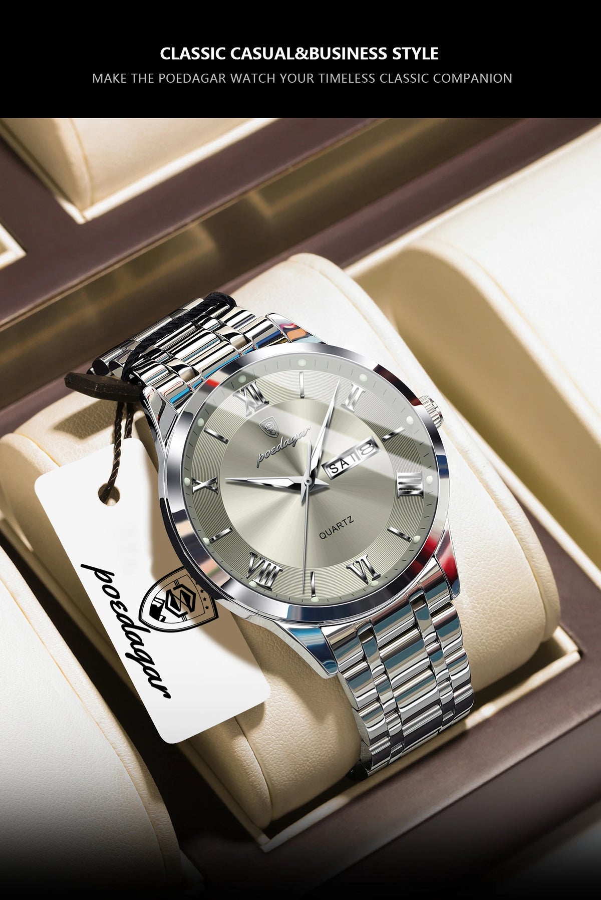 POEDAGAR Business Sports Man Wristwatch Waterproof Luminous Week Date Fashion Men's Clock Stainless Steel Quartz Watches For Men