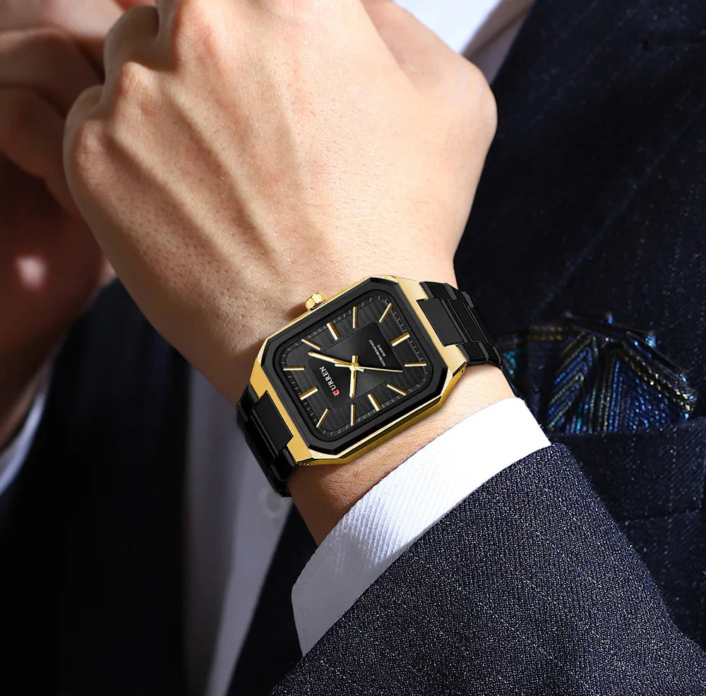 CURREN NEW Stainless Steel Strap Vintage Rectangle Dial Quartz Watches for Men Luminous Hands Waterproof