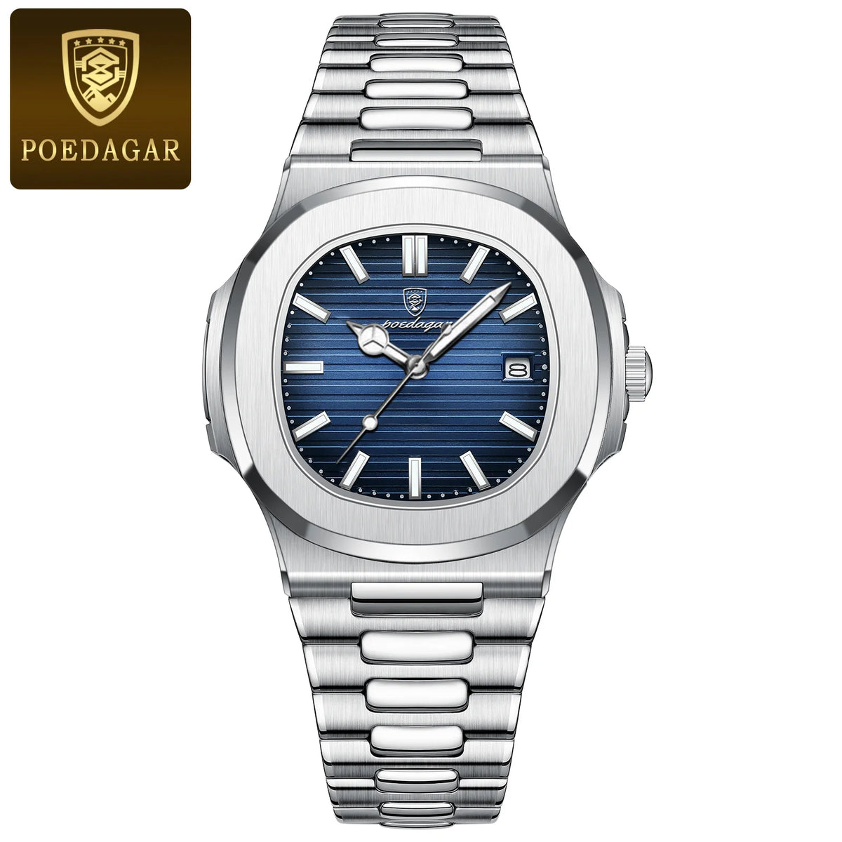 POEDAGAR Luxury Man Wristwatch Business Stainless Steel Quartz Men Watch Waterproof Luminous Date Square Men's Watches Clock+Box