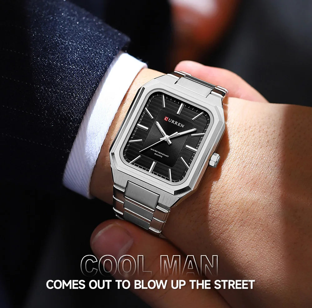 CURREN NEW Stainless Steel Strap Vintage Rectangle Dial Quartz Watches for Men Luminous Hands Waterproof