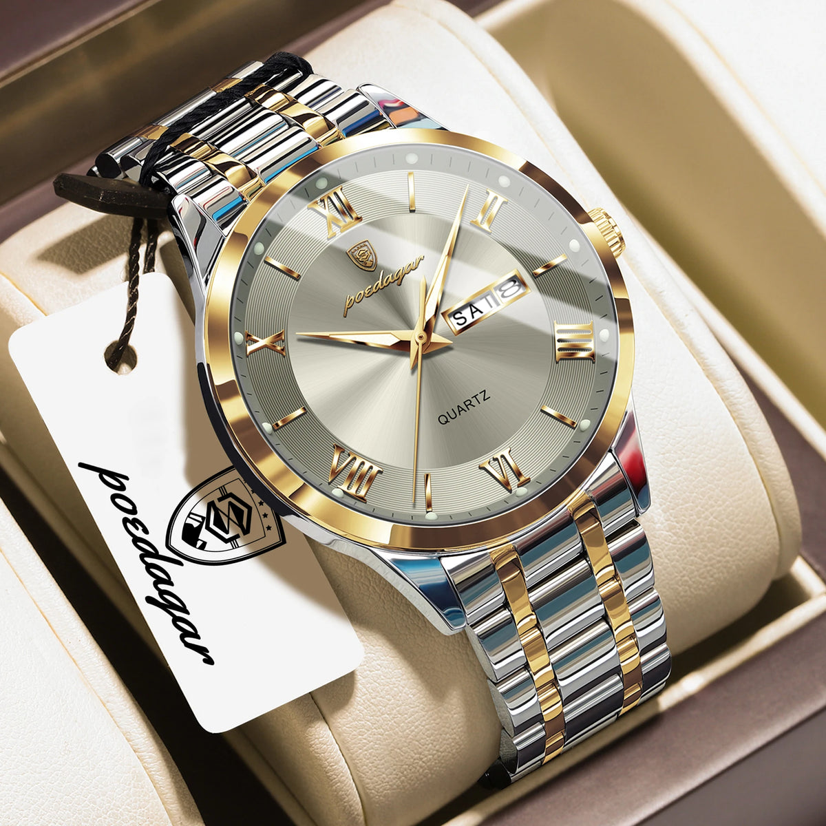 POEDAGAR Business Sports Man Wristwatch Waterproof Luminous Week Date Fashion Men's Clock Stainless Steel Quartz Watches For Men