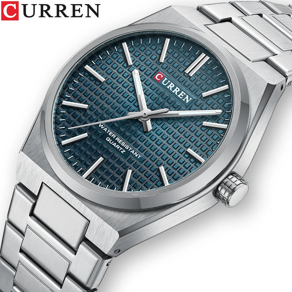 CURREN 8439 Men's Business Quartz Watch Minimalist Grid-Pattern Stainless Steel Strap Wristwatch with  Calendar Function