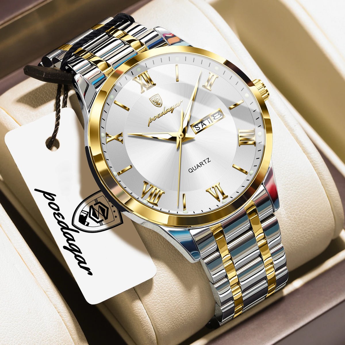 POEDAGAR Business Sports Man Wristwatch Waterproof Luminous Week Date Fashion Men's Clock Stainless Steel Quartz Watches For Men