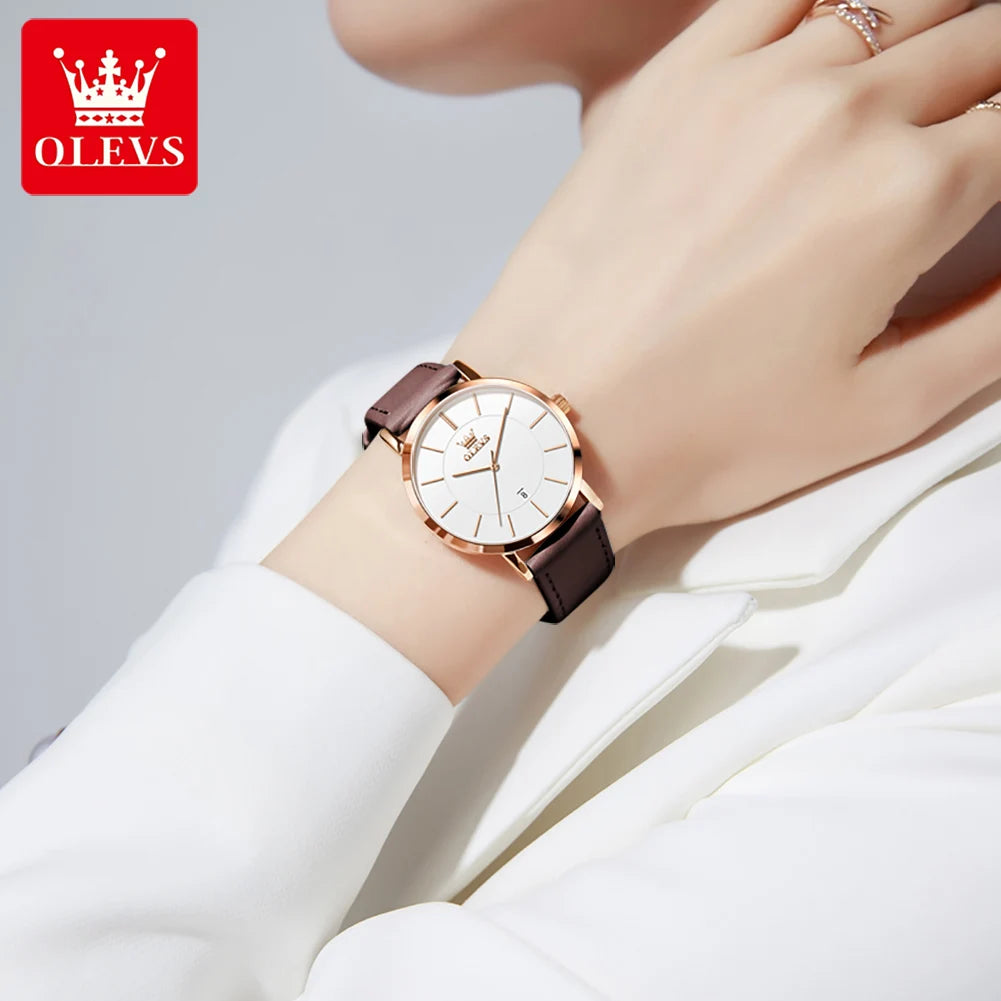 OLEVS 5869 Woman Watch Ultra Thin Waterproof Original Quartz Watch for Women Minimalist Elegant Leather Strap Ladies Wrist Watch