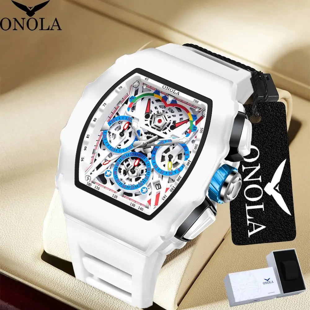 Gift Box for Man ONOLA 6827GM Trend White Quartz Wristwatch Silicone Strap Chronograph Luminous Waterproof Men Watch