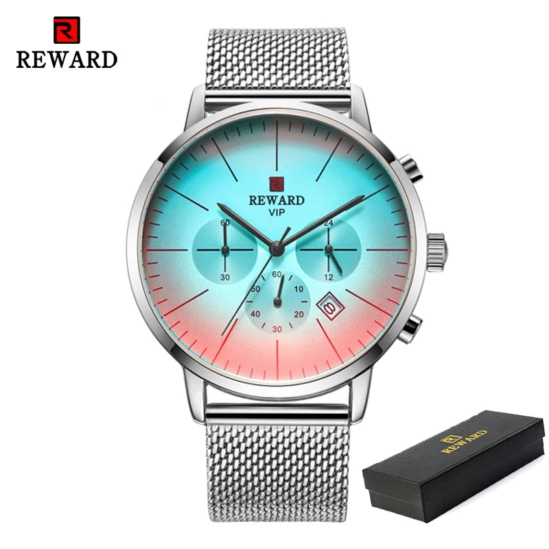 REWARD Men’s Watches Top Brand Sport Watch Luxury Men Stainless Steel Mesh Quartz Wrist Watches Chronograph Design Male Clock