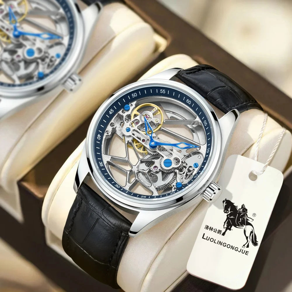 High-End Men's Mechanical Watch, Hollow Design, Round Dial, Fashionable Business Casual Waterproof Double-Sided Hollow Fully Automatic Mechanical Watch for Men, the First Choice for Valentine's Day Gifts