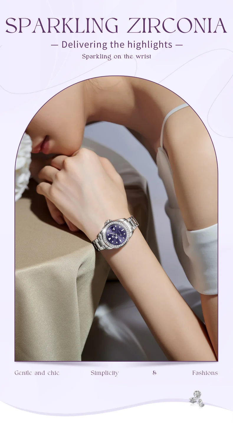 OLEVS 9945 Women's Watches Elegant Purple Full Diamond Dial Solid Stainless Steel Auto Date Waterproof Quartz Watch for Women