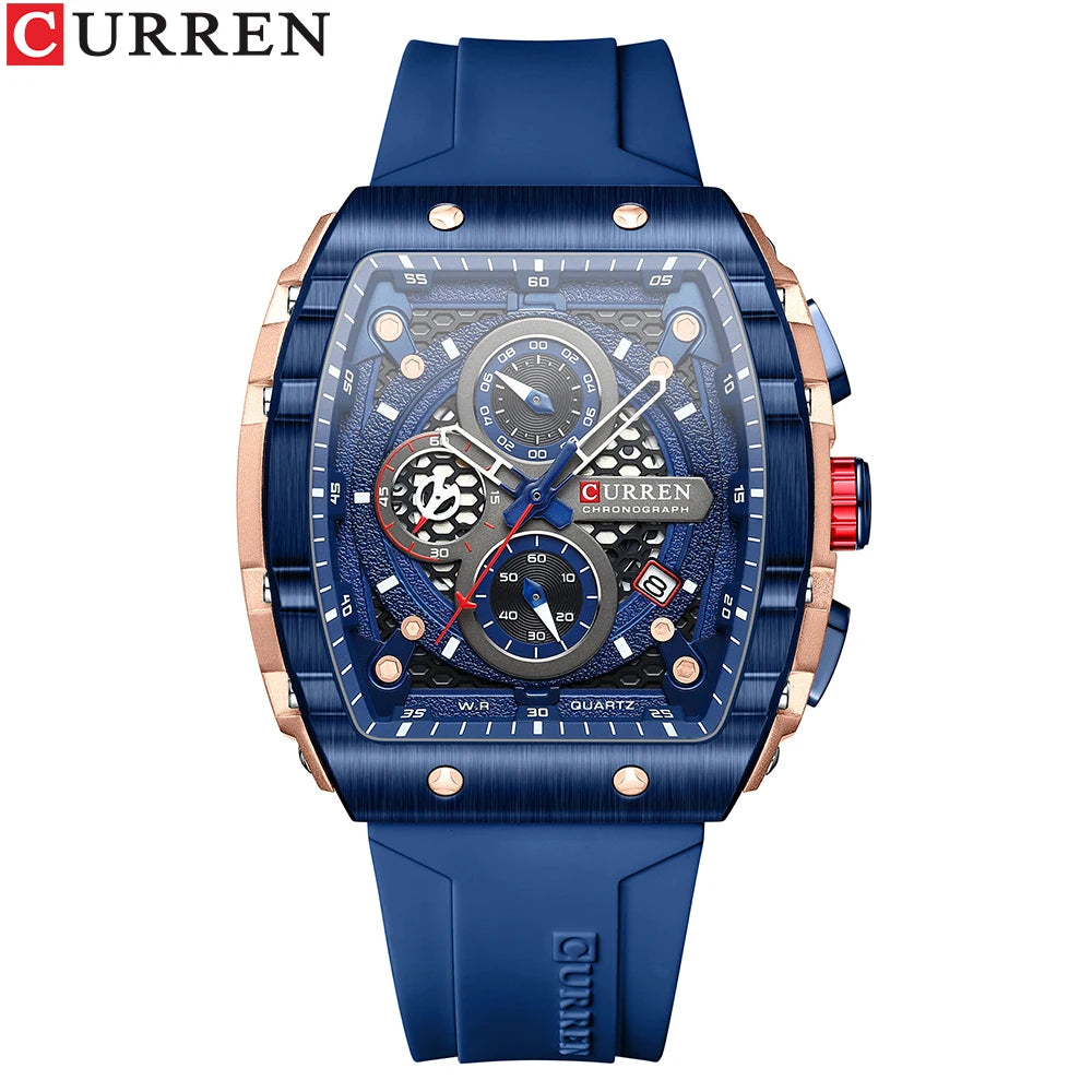 CURREN Sports Unique Rectangular Watches with Large Dial Casual Quartz Silicone Bands Wristwatches with Auto Date
