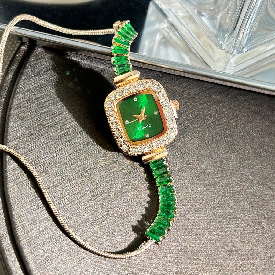 Women's Inlaid Zircon Flexible Pull out Bracelet with Diamond Square Alloy Case Rhinestone Scale Simple Dial Quartz Watch
