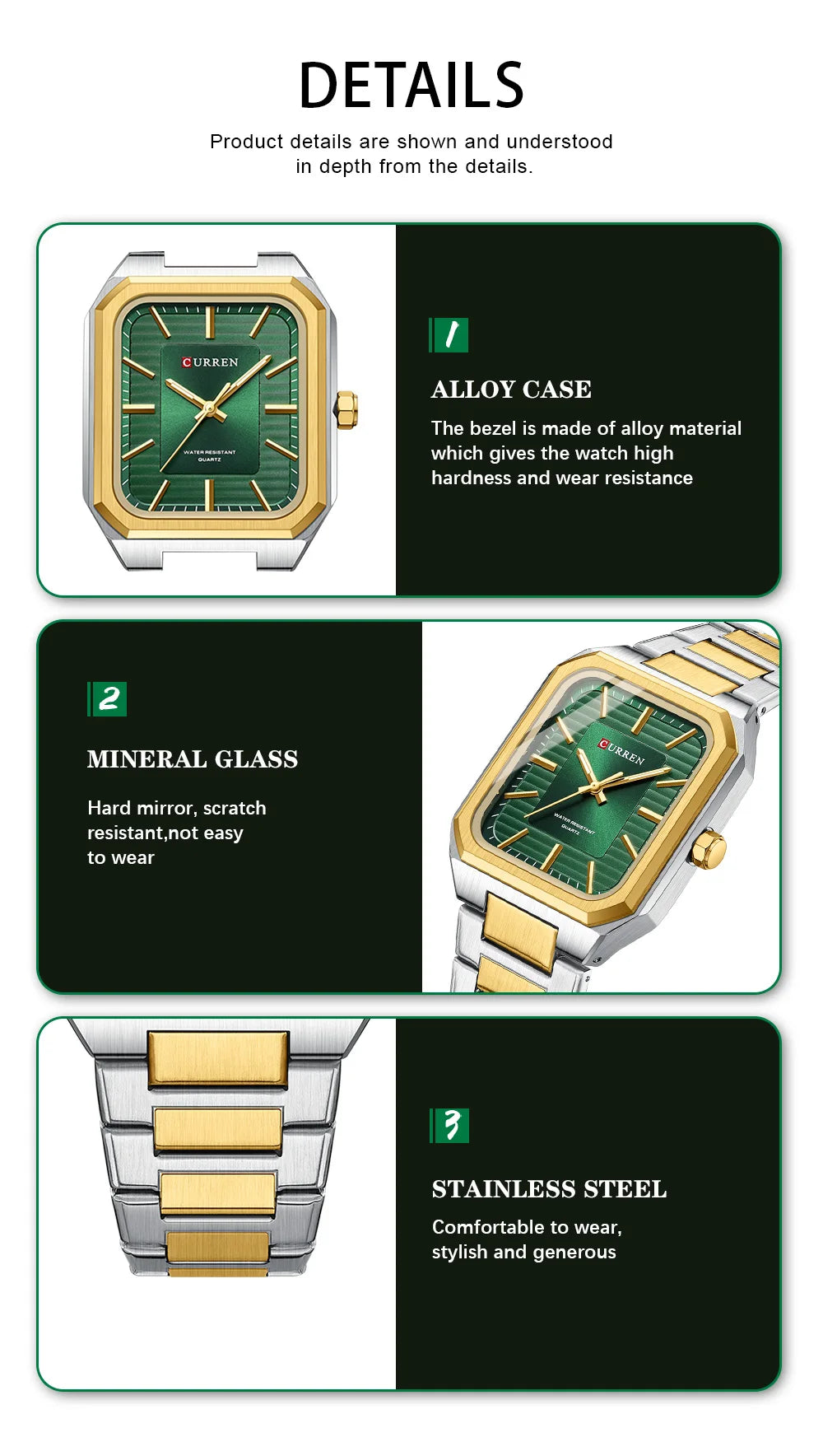 CURREN NEW Stainless Steel Strap Vintage Rectangle Dial Quartz Watches for Men Luminous Hands Waterproof