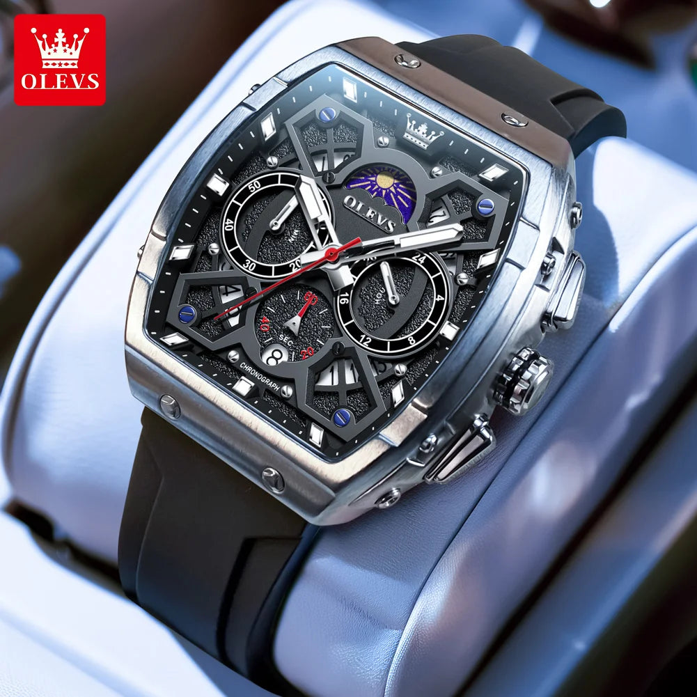 OLEVS 2942 New Mens Watch Original Quartz Watch Hollow Out Watches Waterproof Luminous Watches For Men Moon Phase Silicone Strap