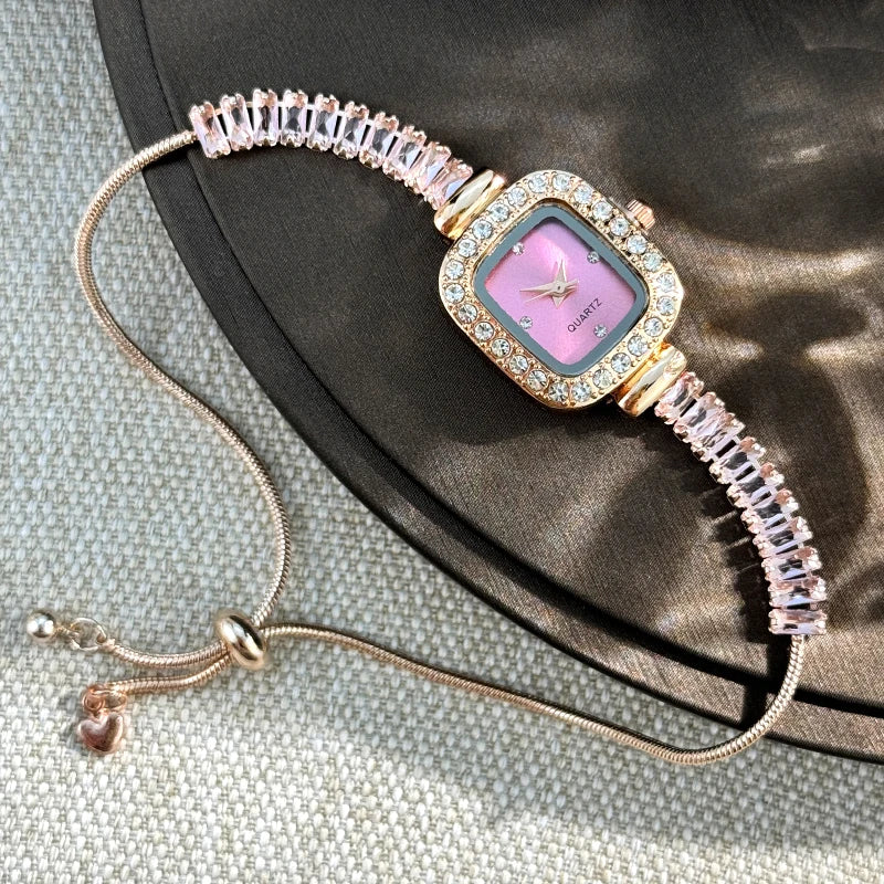 Women's Inlaid Zircon Flexible Pull out Bracelet with Diamond Square Alloy Case Rhinestone Scale Simple Dial Quartz Watch