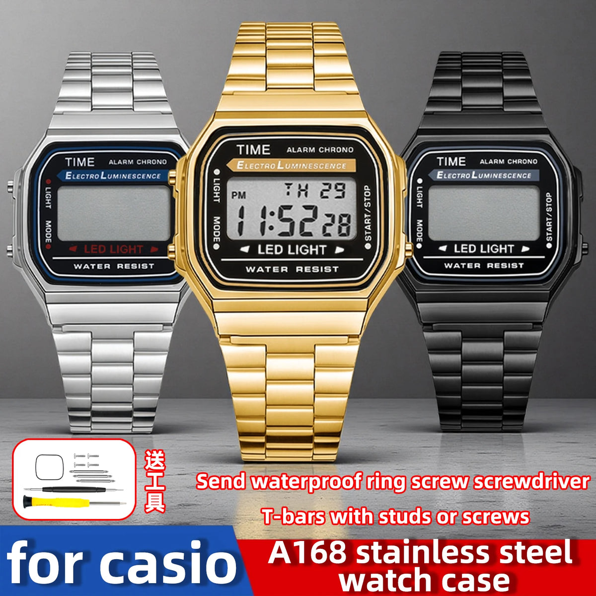 A168 case mod kit Stainless steel metal Bezel watch Case+Strap For Casio A168WG/WA/WGG/WEHA Series Modified Suit watchband+Tool