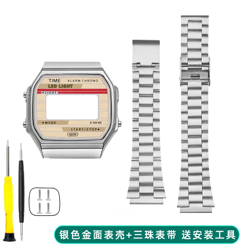 A168 case mod kit Stainless steel metal Bezel watch Case+Strap For Casio A168WG/WA/WGG/WEHA Series Modified Suit watchband+Tool